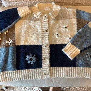 Cozy Knit patchwork Cardigan - Blue, Cream, and tan